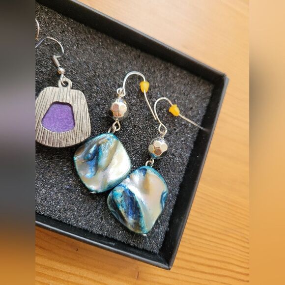 Gemstone Earrings Mother of Pearl Turquoise Purple Eclectic Dangle Set of Two - Picture 3 of 5